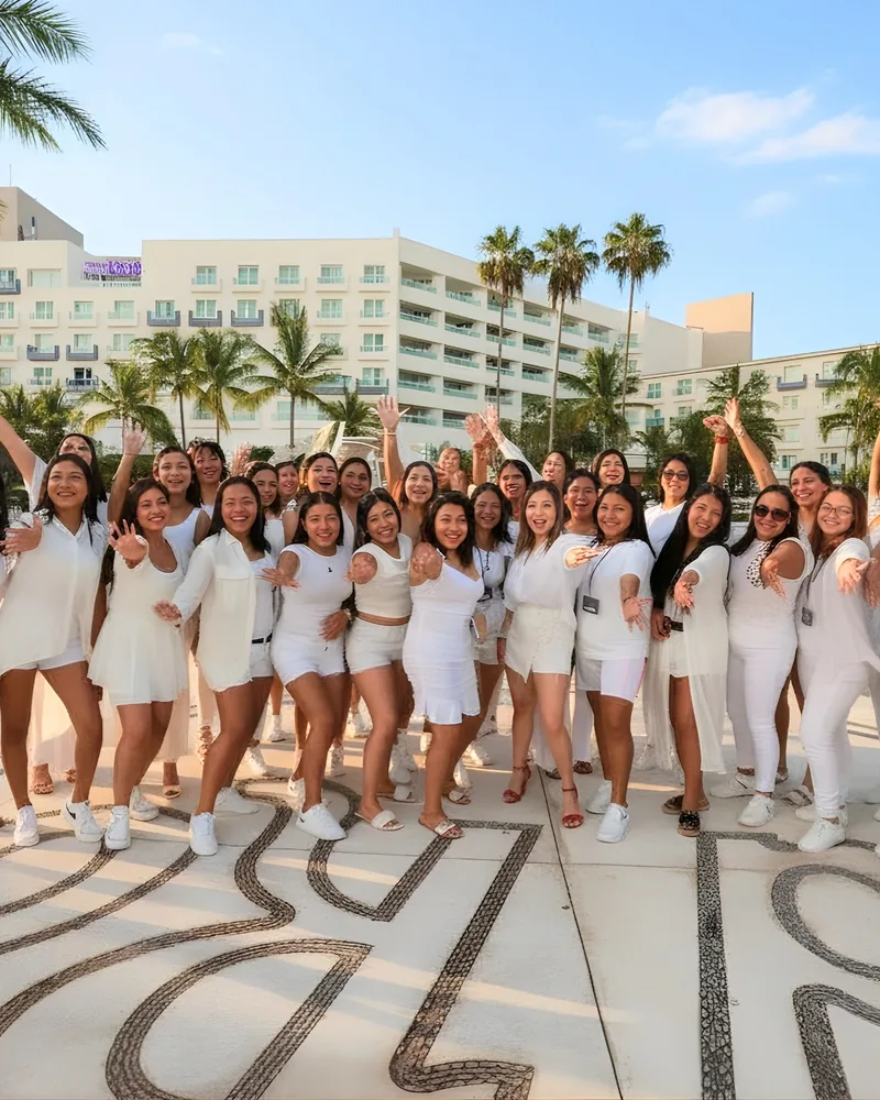 Comunidad GTR Woman · grupo grande celebrando frente al hotel