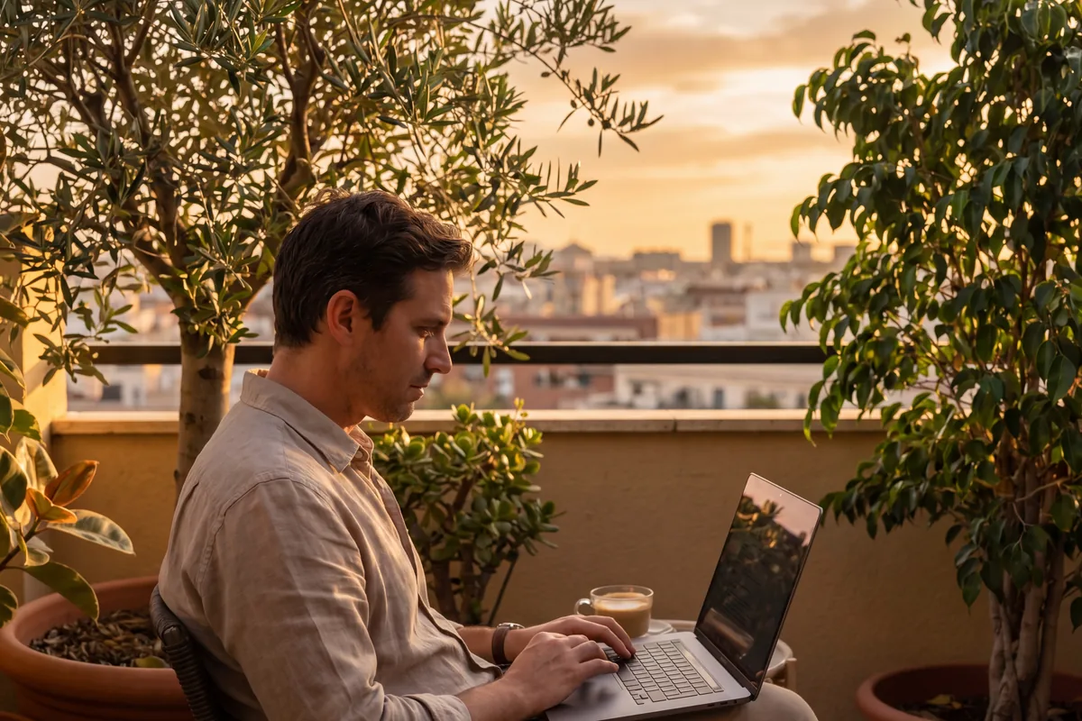 Hombre trabajando con su laptop en una terraza durante el atardecer